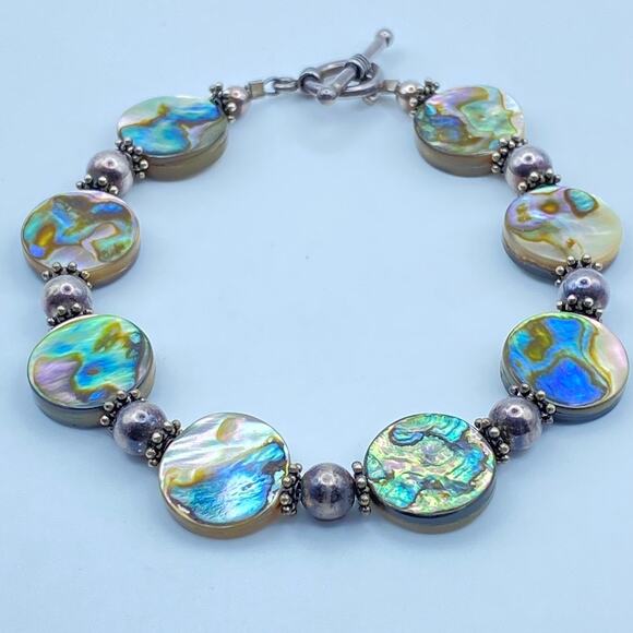 Sterling Silver Mother of Pearl Abalone Bracelet Earrings Jewelry Set - Picture 6 of 10